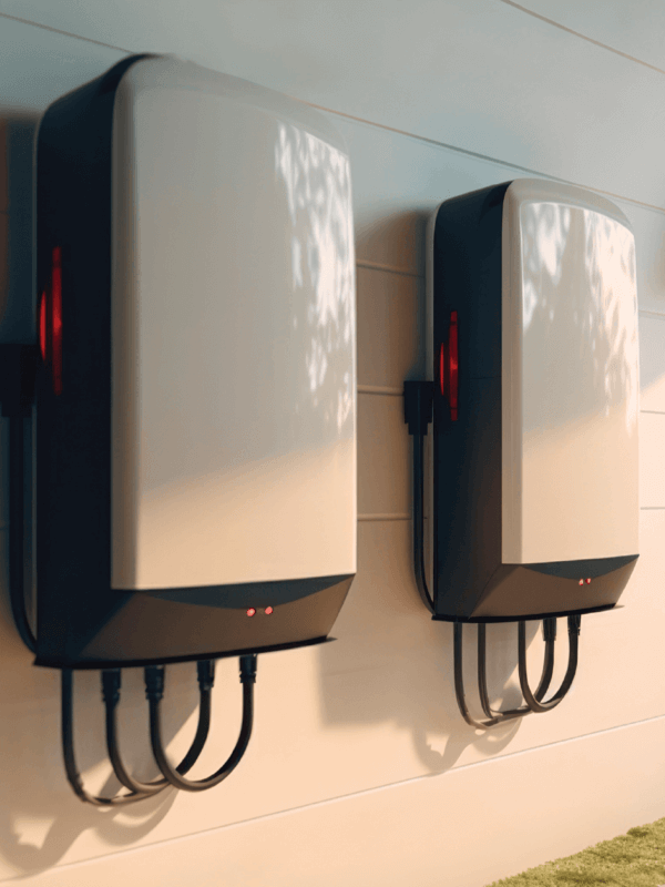 Two household battery renderings on the exterior of a house