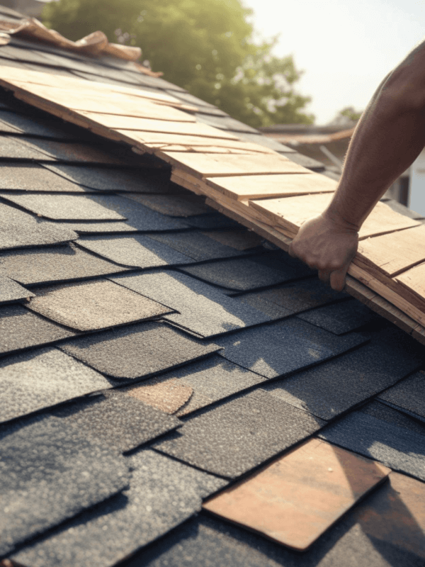 Up close view of an asphalt shingle roof and a homeowner making repairs