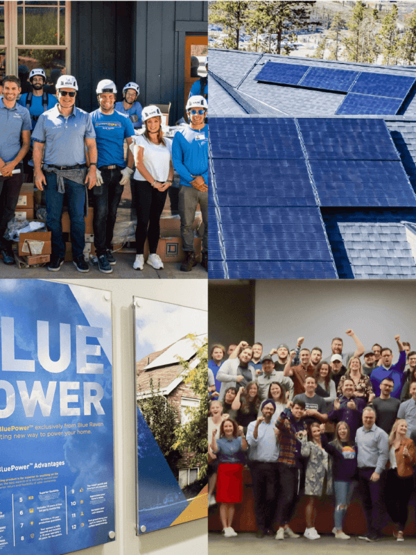 Collage of four different photos illustrating growth and 10 year anniversary of Blue Raven Solar