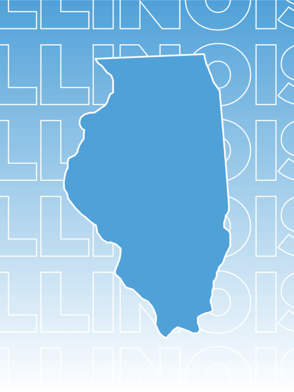 White text outline of "Illinois" repeated and overlaid on a gradient background fading from blue to white including a blue outline of the state