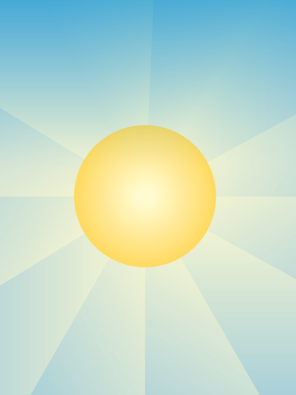 Yellow sun in the middle with rays outward in hues of golden yellow and blue