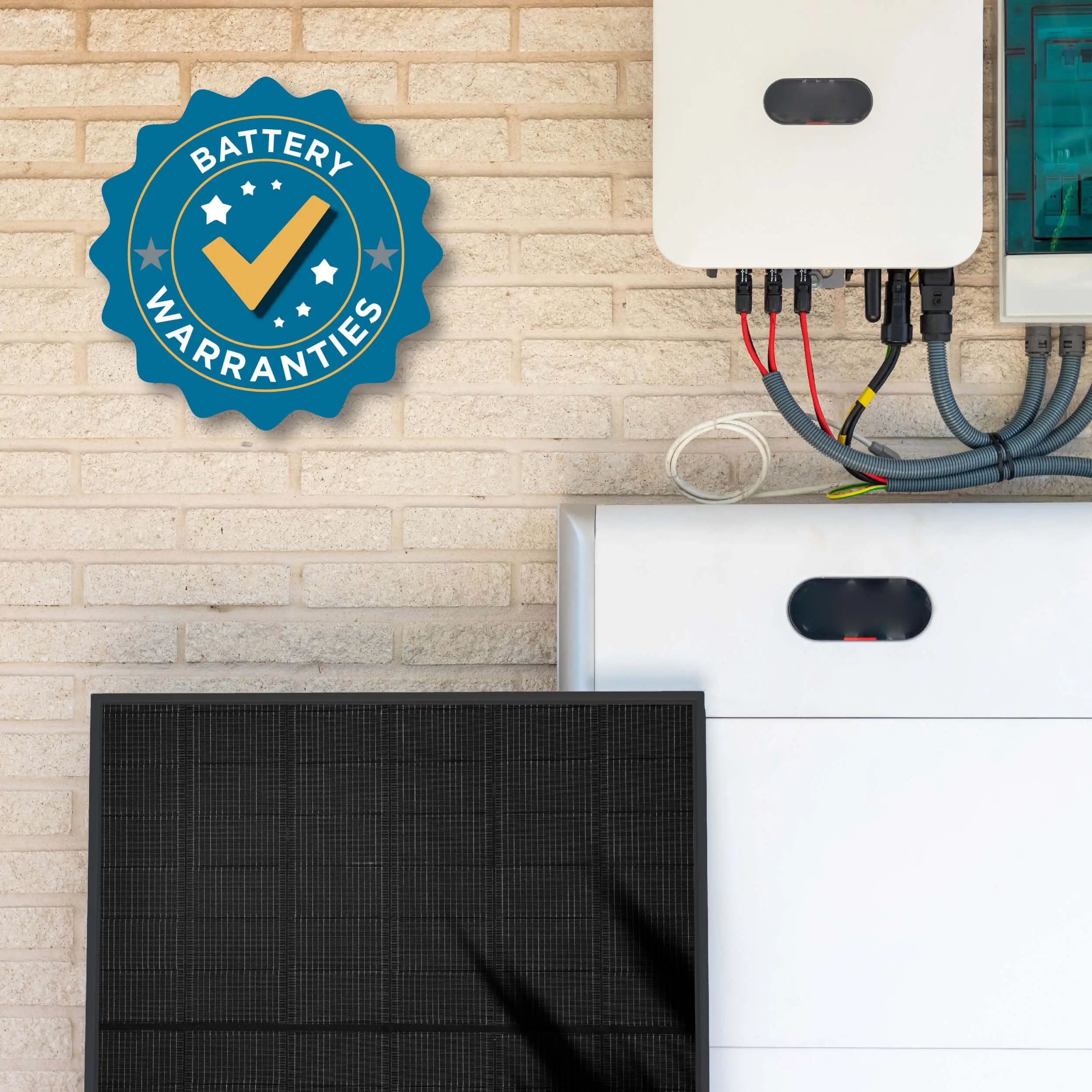 Solar battery system with a solar panel and a Battery Warranties badge in the left hand corner
