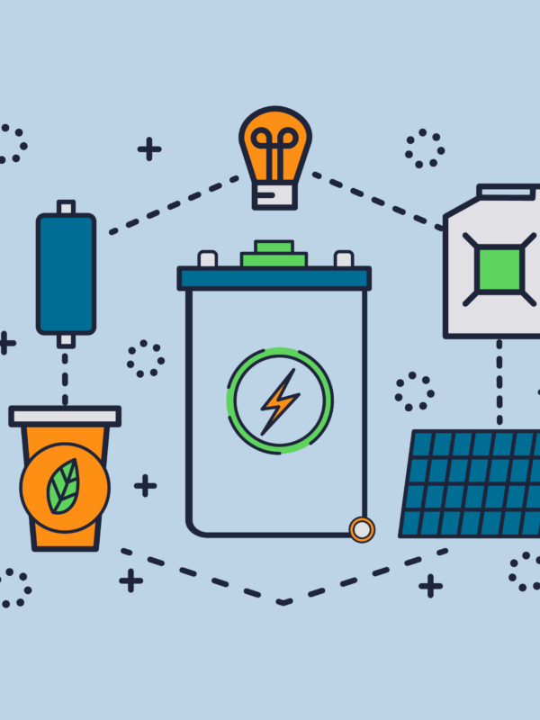 Graphic illustrating the lifespan of a solar battery, featuring a central battery icon surrounded by visuals including a light bulb, solar panel, plant symbolizing sustainability, and a recycling icon to represent the energy cycle