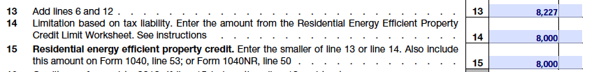 Screen Shot 2018-02-12 at 11.27.30 AM Lines 13 through 15 of the residential energy credit tax form