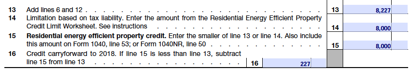 Screen Shot 2018-02-12 at 11.27.48 AM Lines 13 through 16 of the residential energy credit tax form
