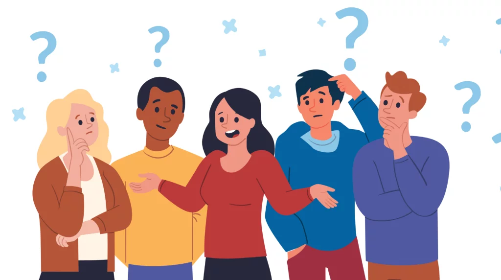 Blue Raven Solar Q&A Part 1 -01 Five animated characters with floating blue question marks above their heads