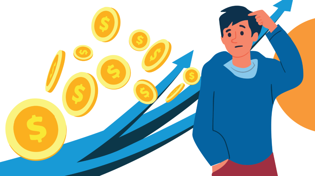 Blue Raven Solar Q&A Part 1 -06 Male character scratching his head and coings an arrows projecting upward trend in the background