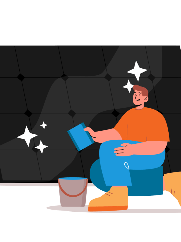 Male character in orange shirt and blue pants cleaning an oversized solar panel illustration