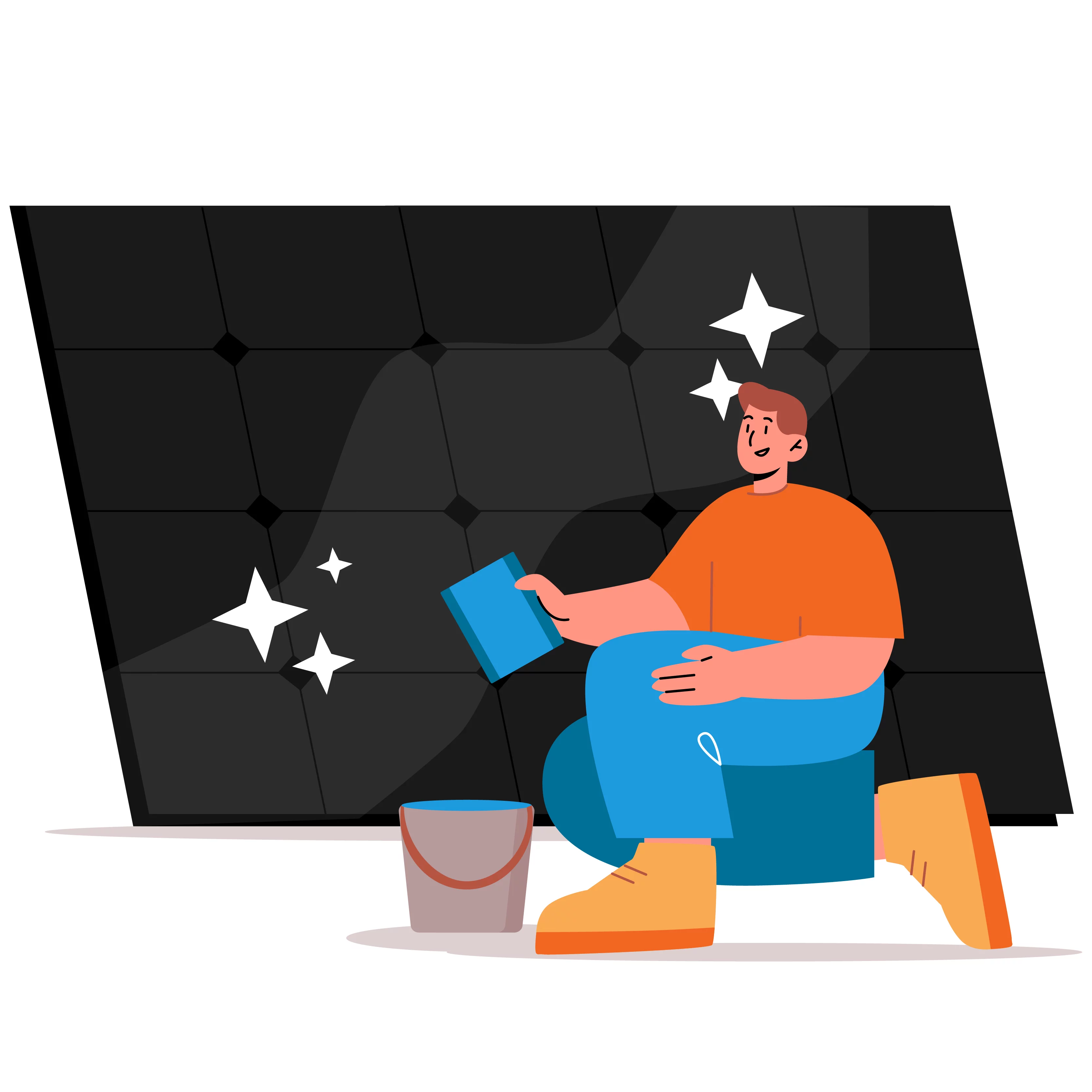 Male character in orange shirt and blue pants cleaning an oversized solar panel illustration