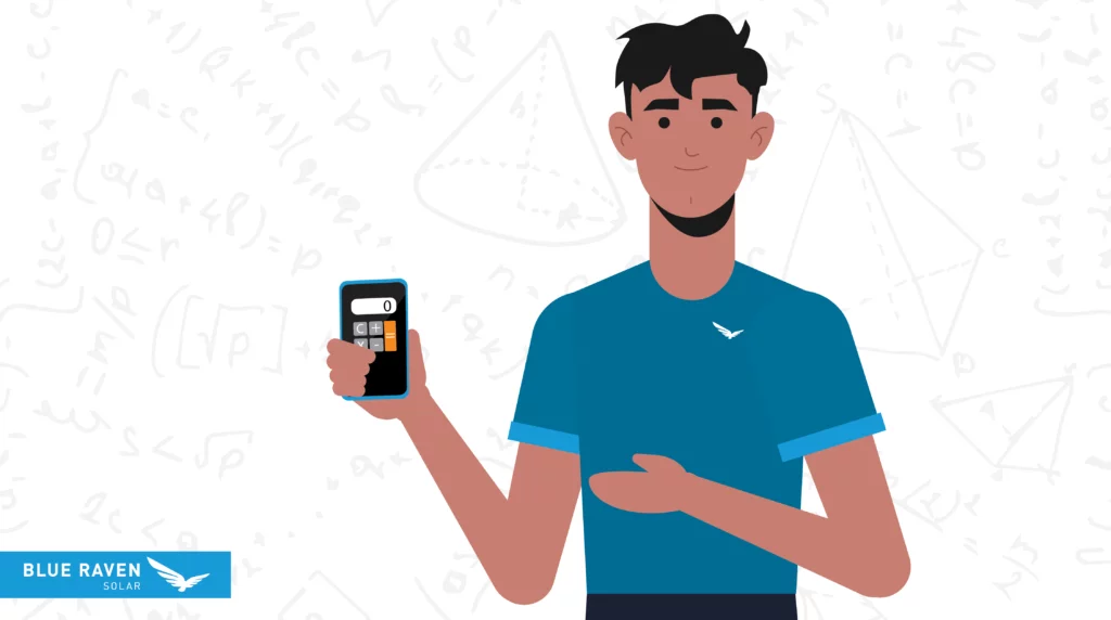 Estimating a Residential Solar Installation Cost - 01 Male character in a Blue Raven Solar branded shirt holding a calculator illustration