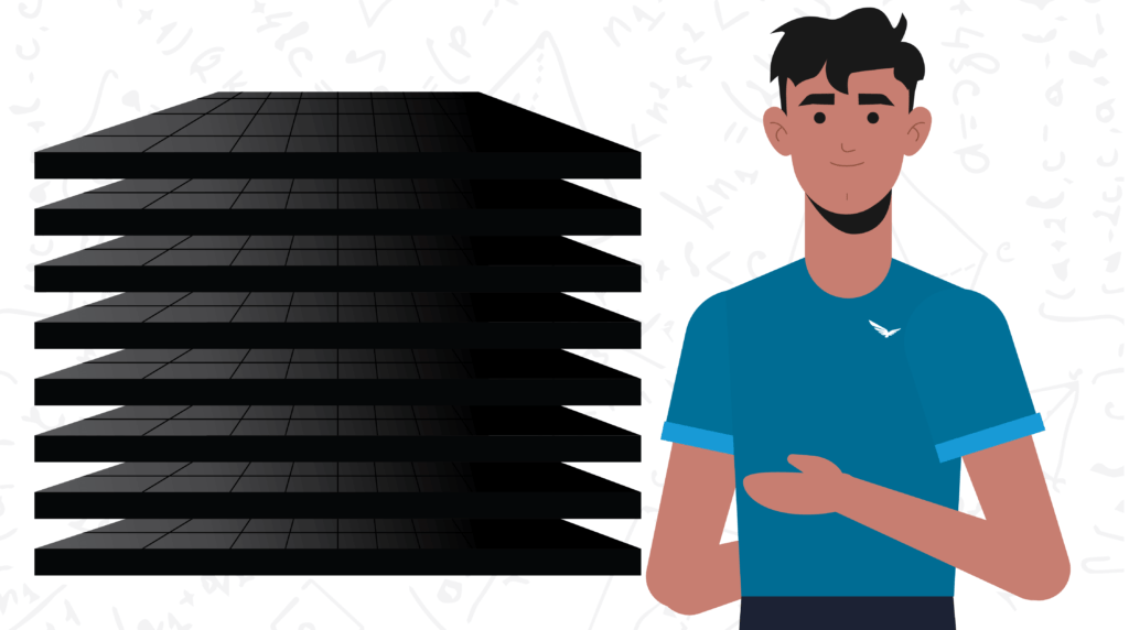 Estimating a Residential Solar Installation Cost - 03 Male character in a Blue Raven Solar branded shirt pointing to a stack of solar panels illustration