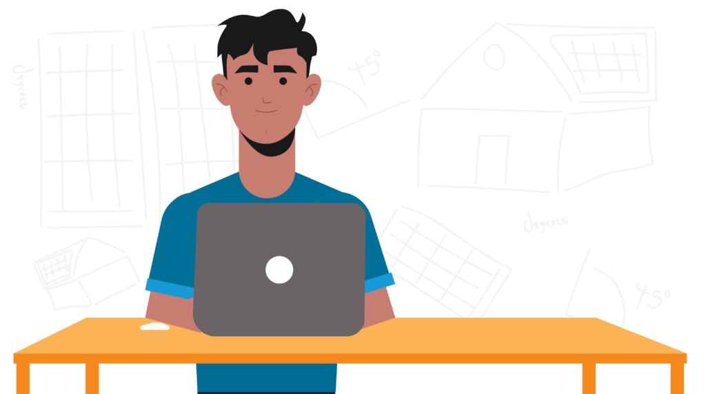 Estimating a Residential Solar Installation Cost - 05 Male character working on a laptop on a golden yellow desk illustration