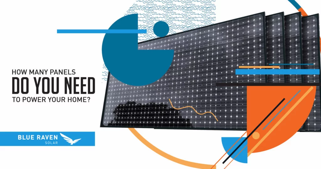 Abstract shapes overlaid on large solar panels with title "How many panels do you need to power your home?"