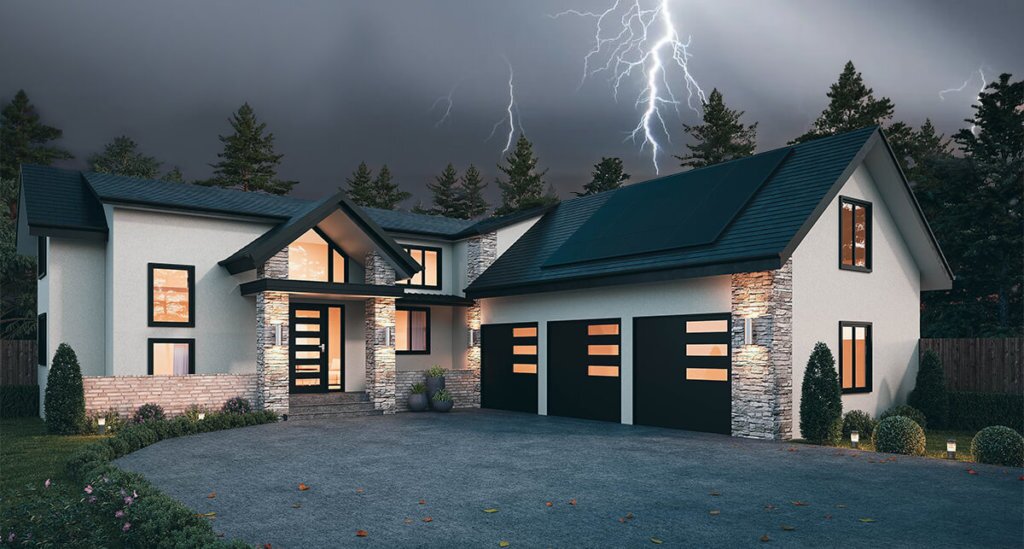 Storm Render House rendering with natrual tones and black finishes with intense weather conditions in the background