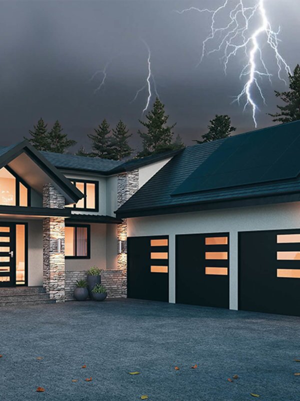 House rendering with natrual tones and black finishes with intense weather conditions in the background