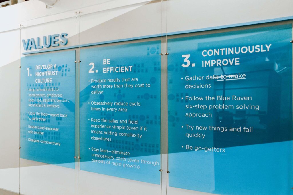 Blue Raven Solar values presented on the wall located at headquarters in Orem, UT