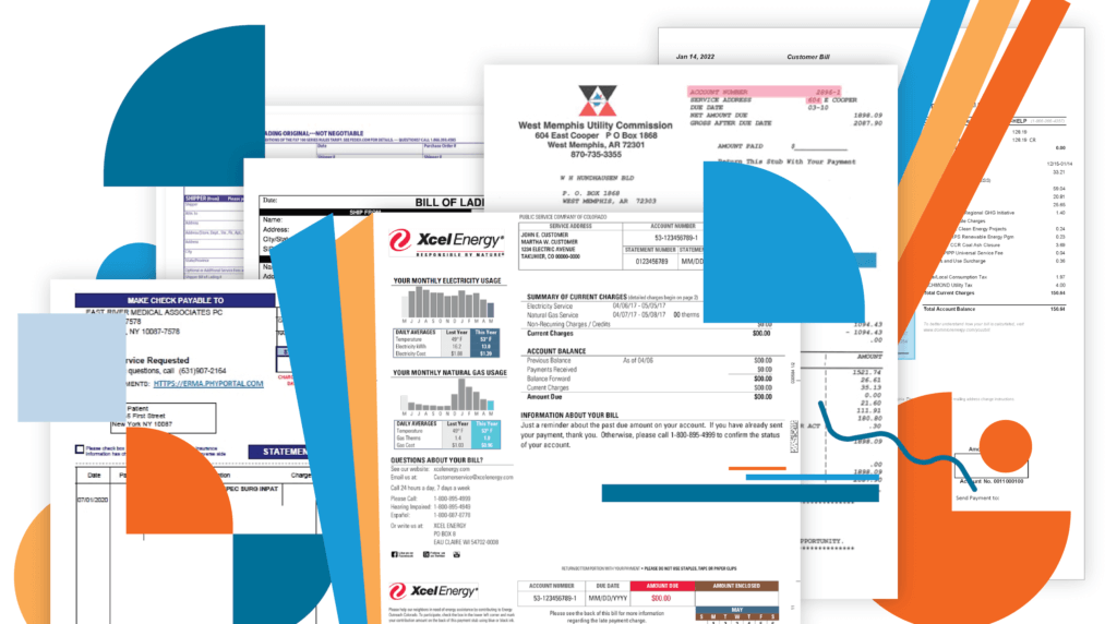 Multiple utility bills layered on top of each other with abstract blue, orange, and yellow shapes throughout