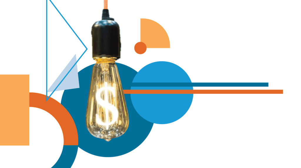 Now is the Best Time to Go Solar-04 Edison light bulb with dollar sign inside with bright and bold colored shapes and lines overlaid