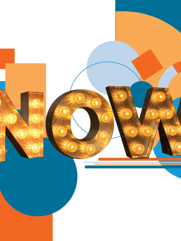 Now in marquee letters with bright and bold shapes and lines in the background