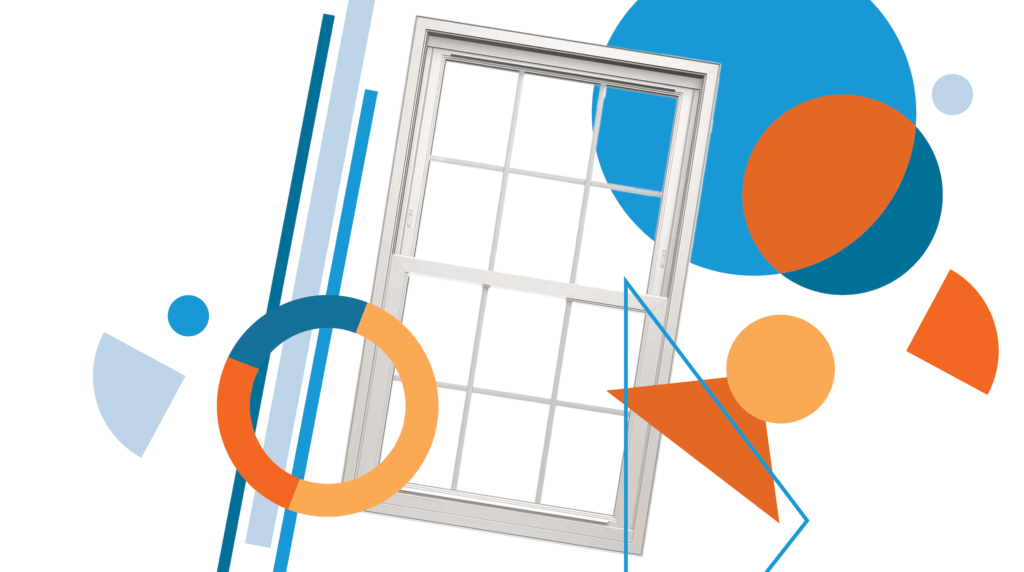 Home Improvements for Energy Efficiency-03 White frames window pane, surrounded by circles, triangles, and lines in bright and bold colors