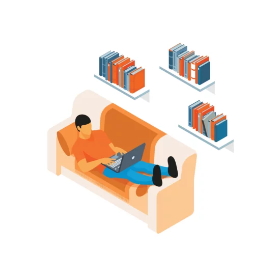 Illustration of a male sitting on a couch, working on a laptop with floating shelves above