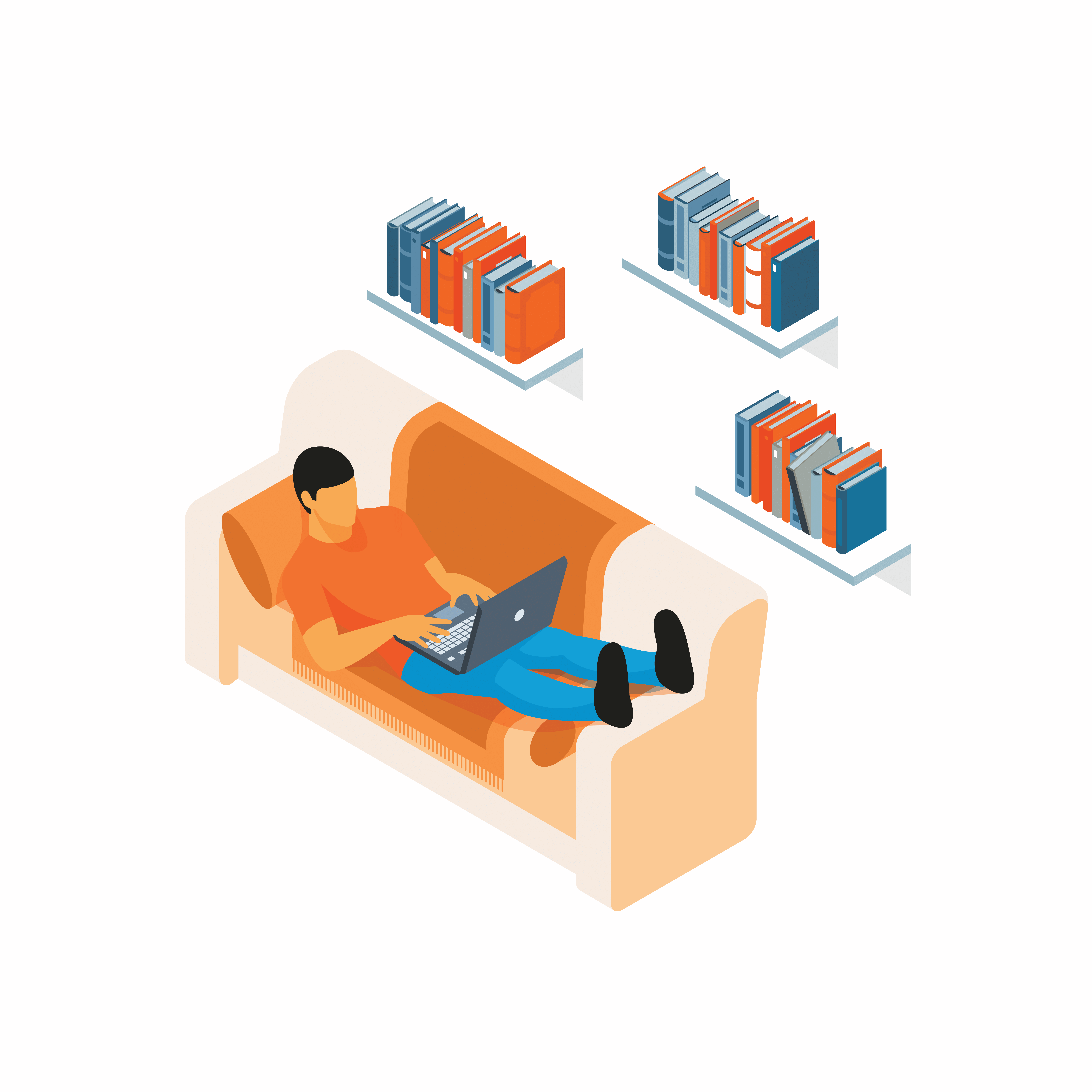 Illustration of a male sitting on a couch, working on a laptop with floating shelves above