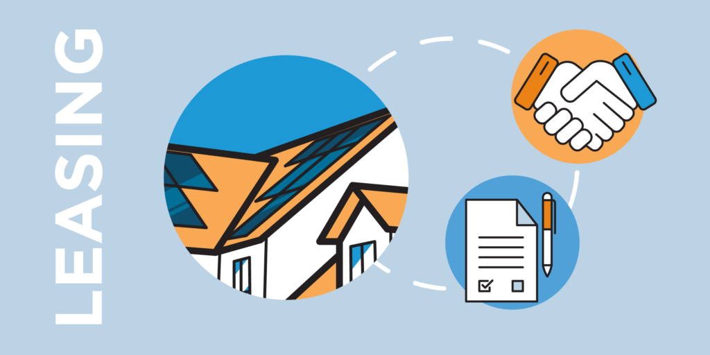 Three different icons illustrating leasing solar panels in blue, white, and orange
