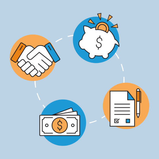 Four different graphics -- from partnership, piggy bank, dollar bills, to contracts -- arranged in a circle on a light blue background