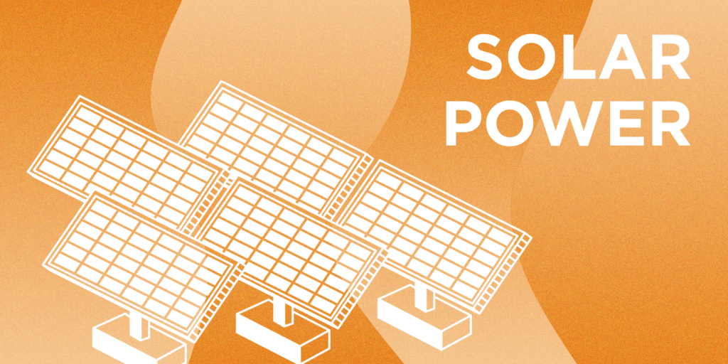 Solar Power represented by five solar panels with a variegated orange background