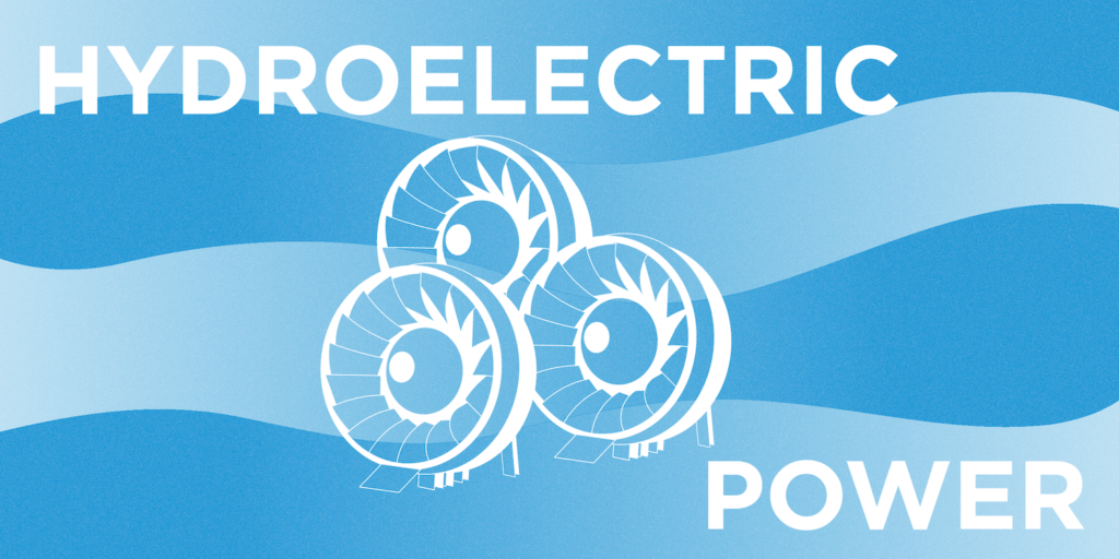 Hydroelectric Power represented by three water mumps or fans with a variegated blue background