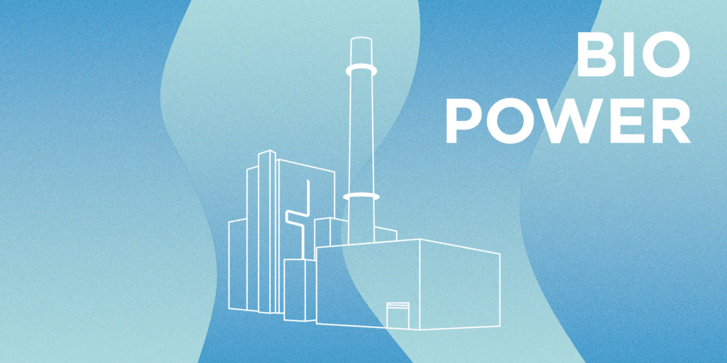 Bio Power represented by icon of a power plant with a variegated blue and turquoise background