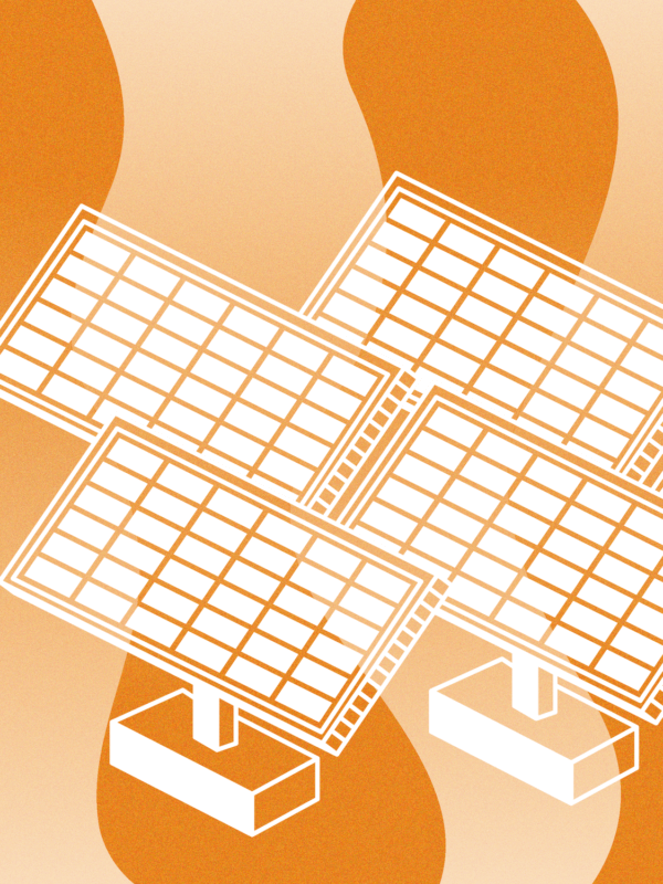 Solar Power represented by five solar panels with a variegated orange background