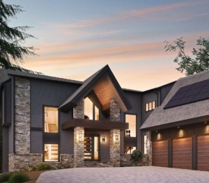 View 1 Modern grey and stone house rendering with solar panels installed on garage. Solar Installers Grand Rapids.