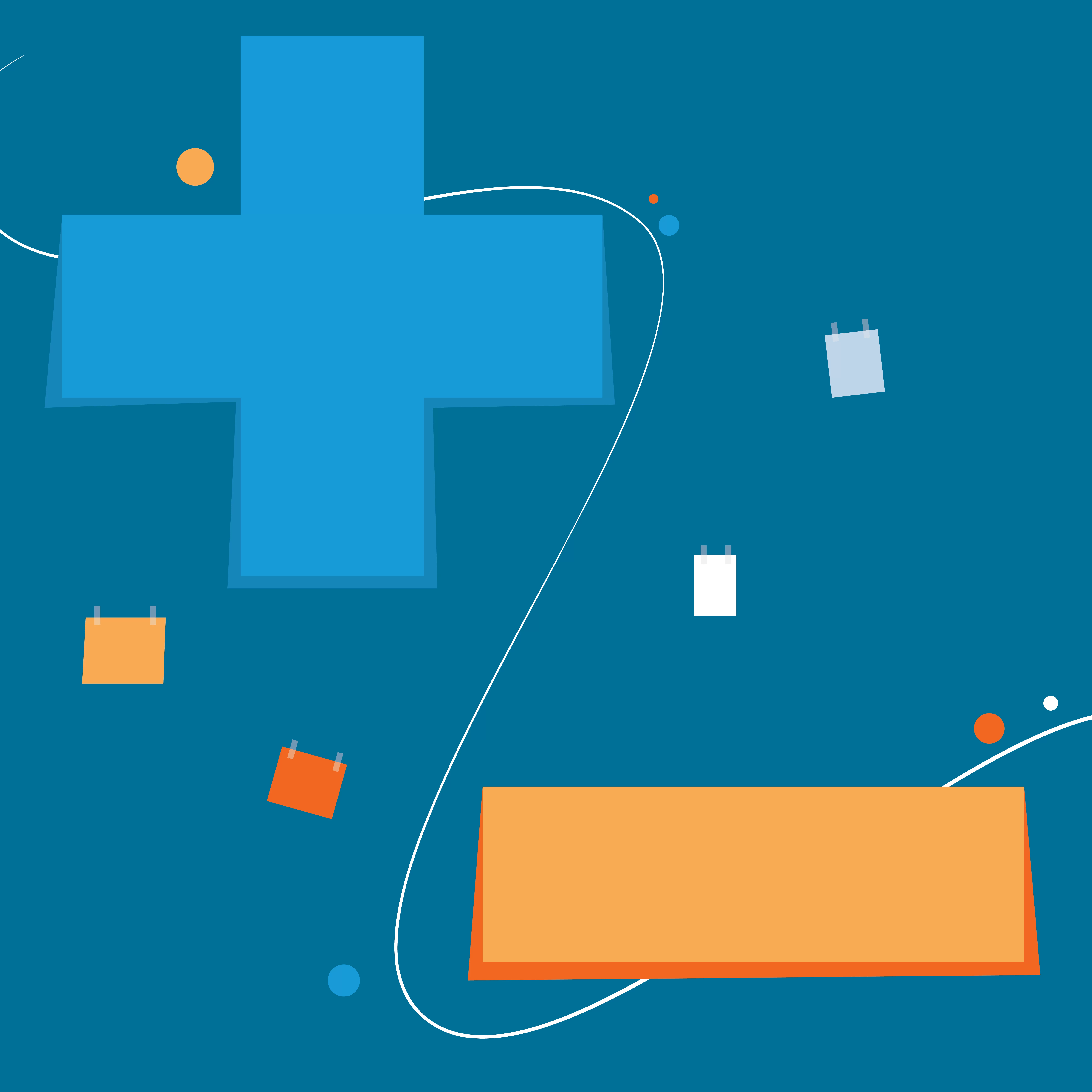 Plus sign in blue and a minus sign in orange with small graphics surrounding