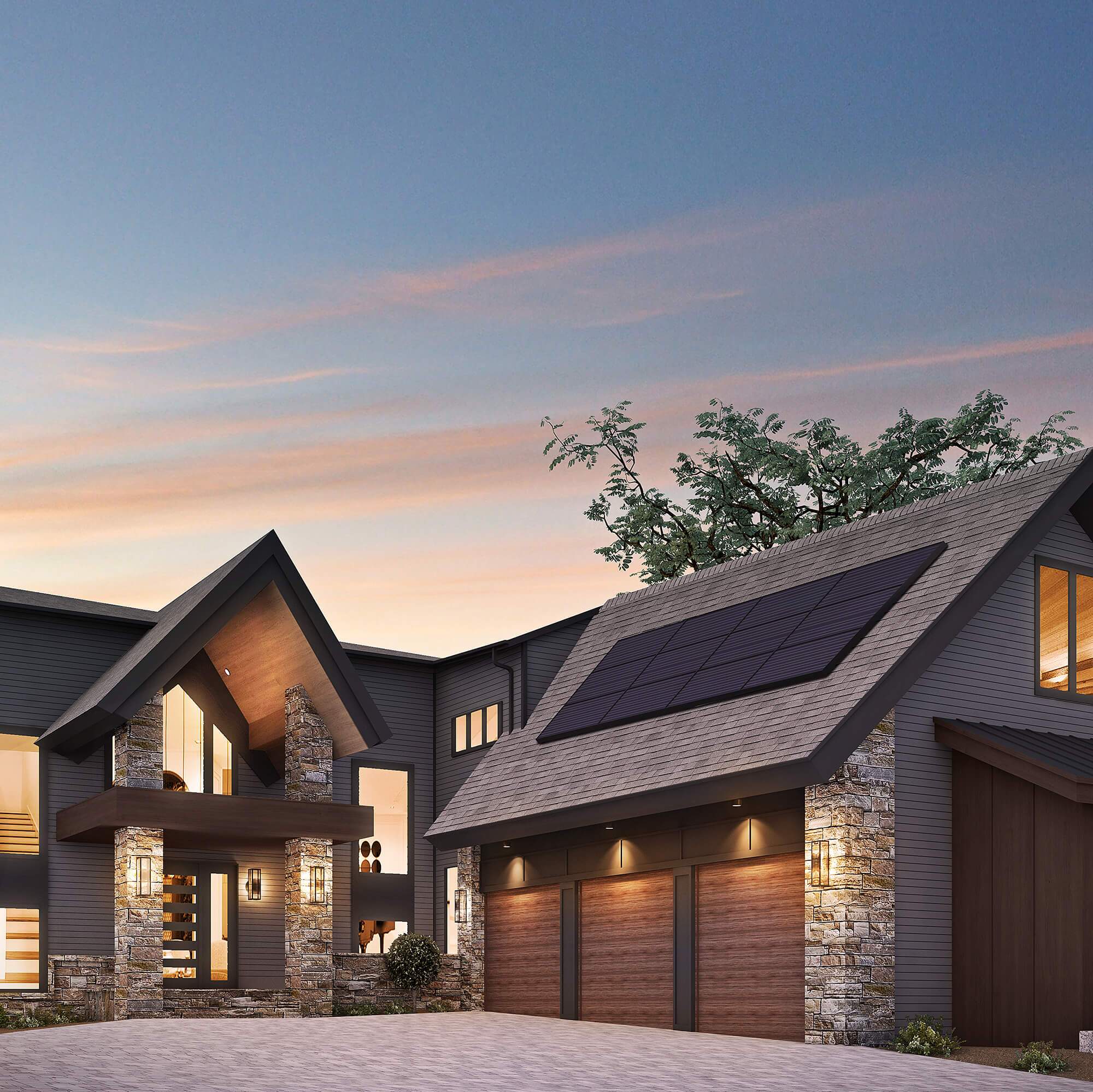 Grey brick and stone house rendering with large 3-car garage and solar panels installed on roof