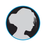 White female with bangs and hair in a bun silouette in dark grey circle icon