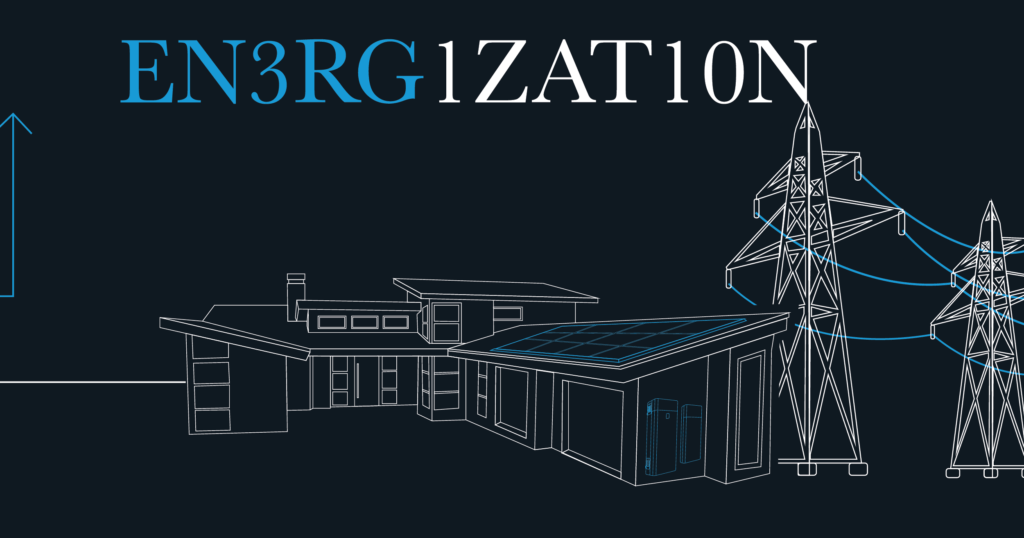 House rendering and power lines graphic and "Energization" featuring football plays on a dark blue background