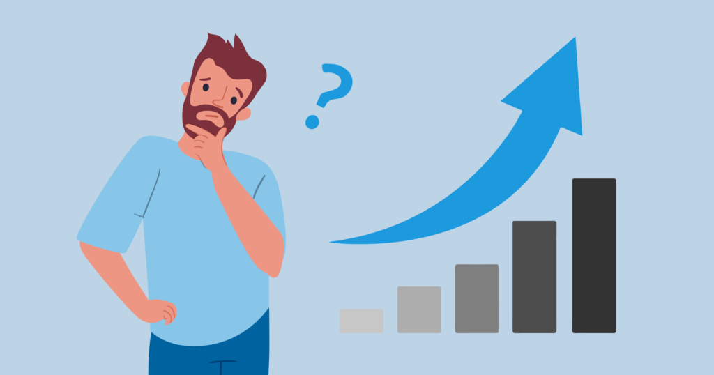 Male illustrated character in blue with a question mark near his head and a graph with a large arrow pointing upwards