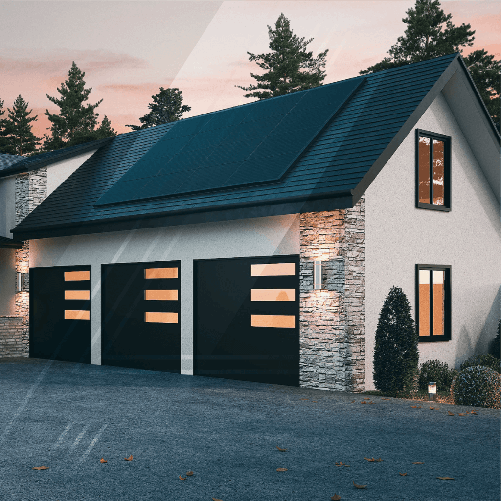 Large home with cream exterior and dark trim, three car garage and solar panels on roof house rendering