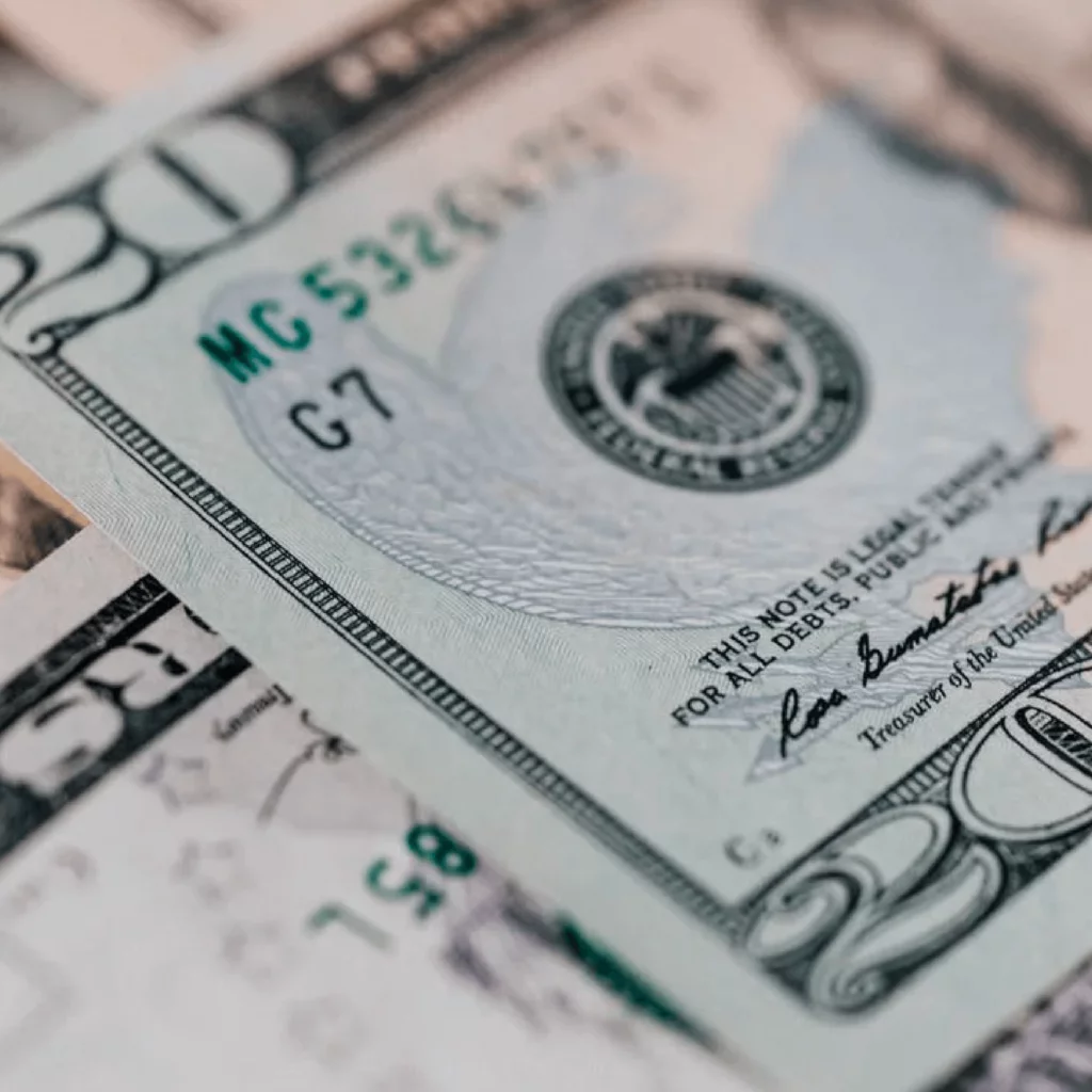 Zoomed-in view of twenty dollar bills