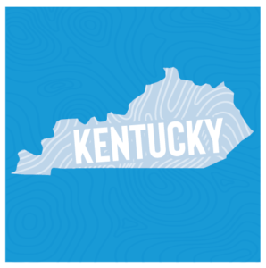 State of Kentucky icon in light blue tones with geography map texture overlaid