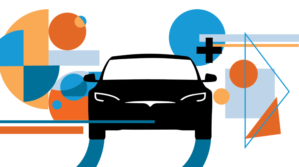 Bold colored shapes and lines with front preview of car icon graphic