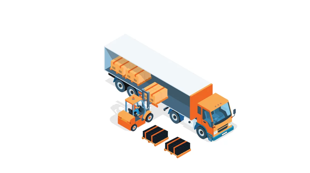 The Solar Supply Chain-01 Illustration of a semi truck and a loader placing solar panel pallets as freight inside