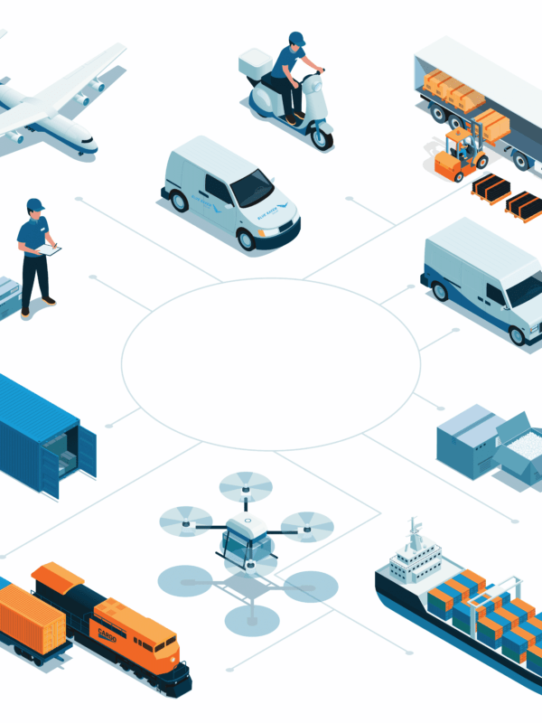 Illustration of trains, shipping containers, airplanes, vans, semi trucks, and boats representing the different parts of the solar supply chain
