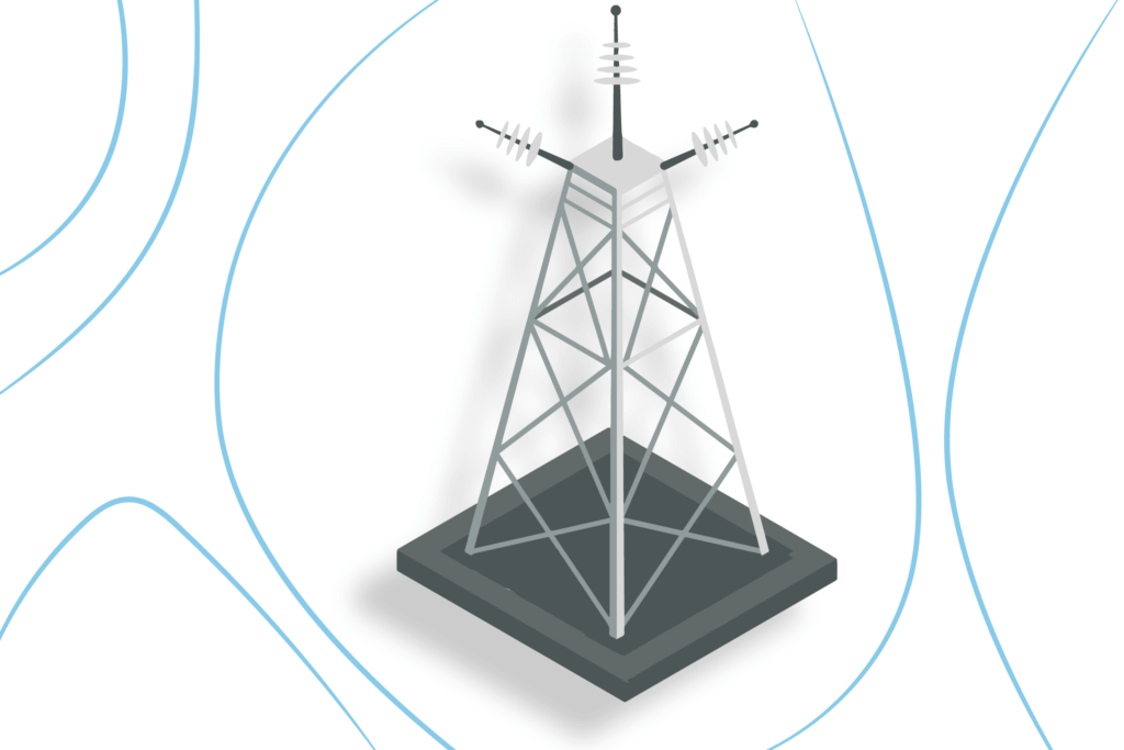 Utility tower illustration with blue wavy lines surrounding it