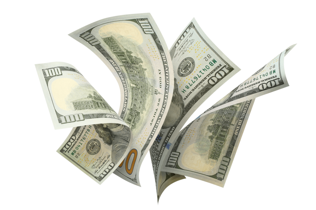 Financing-Options_Cash $100 US dollar bills floating downward
