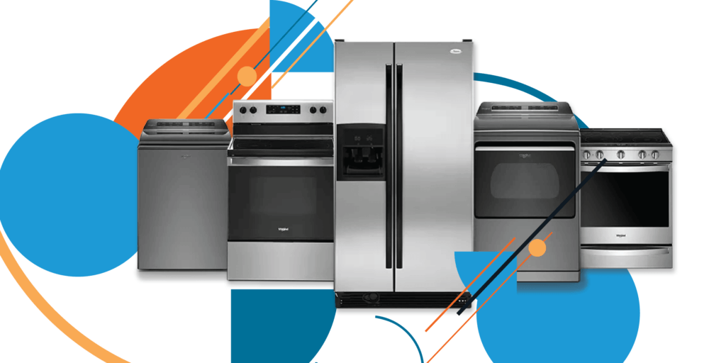 How Much Electricity Do My Appliances Use_02 Common household appliances in a line surrounded by bright blue and orange geometric shapes