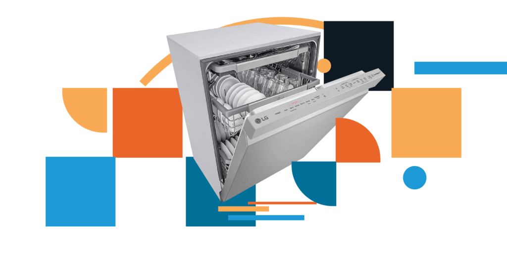 How Much Electricity Do My Appliances Use_03 LG dishwasher halfway open surrounded by bright blue and orange geometric shapes and lines