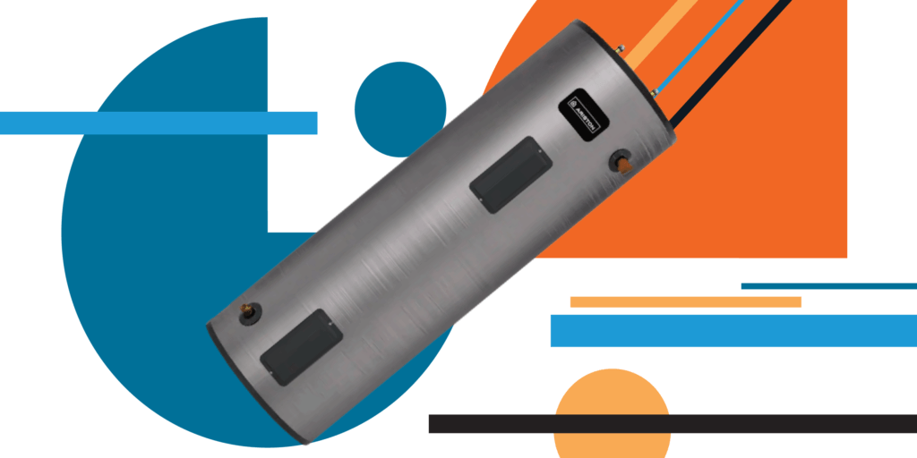 How Much Electricity Do My Appliances Use_04 Water heater surrounded by bright blue and orange geometric shapes and lines