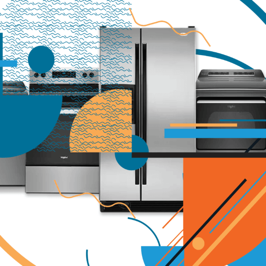 Common household appliances in a line overlaid with bright blue and orange geometric shapes and lines